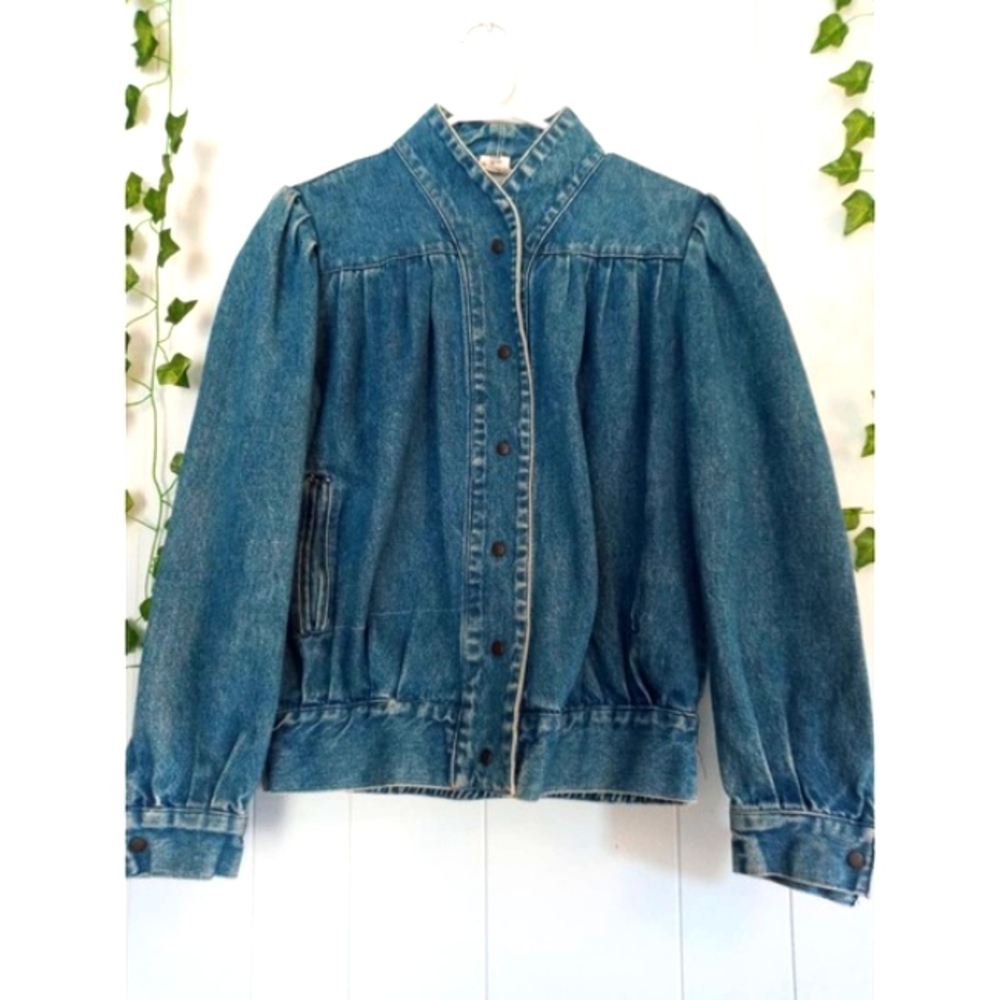 Vintage Blue Denim Pleated Shoulders Denin Jean Jacket Women Size Medium